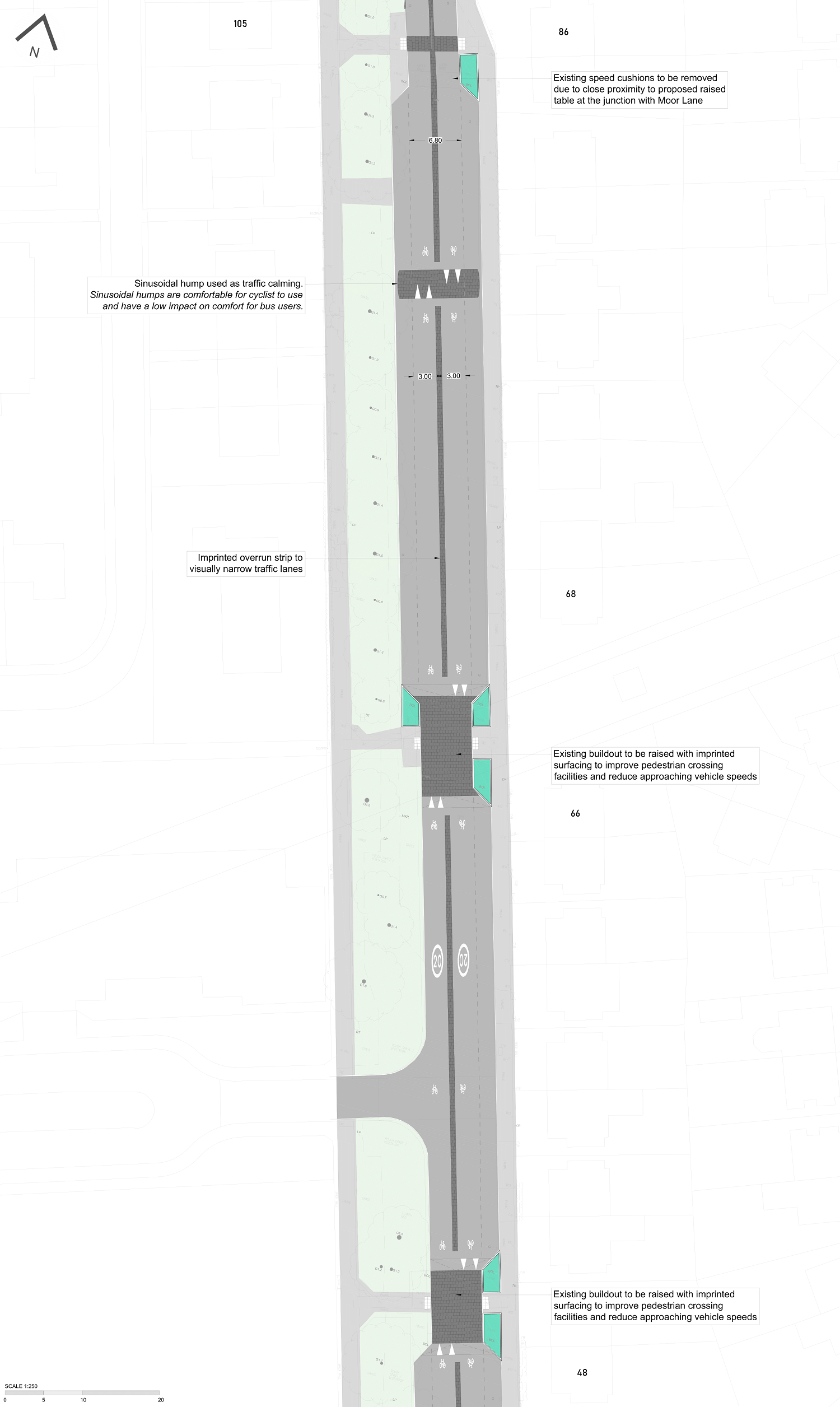 Plan includes entrance to Dean Field Community Primary School. Raised surfaces on this section improve the crossing experience for pedestrians and reduce vehicle speeds. 